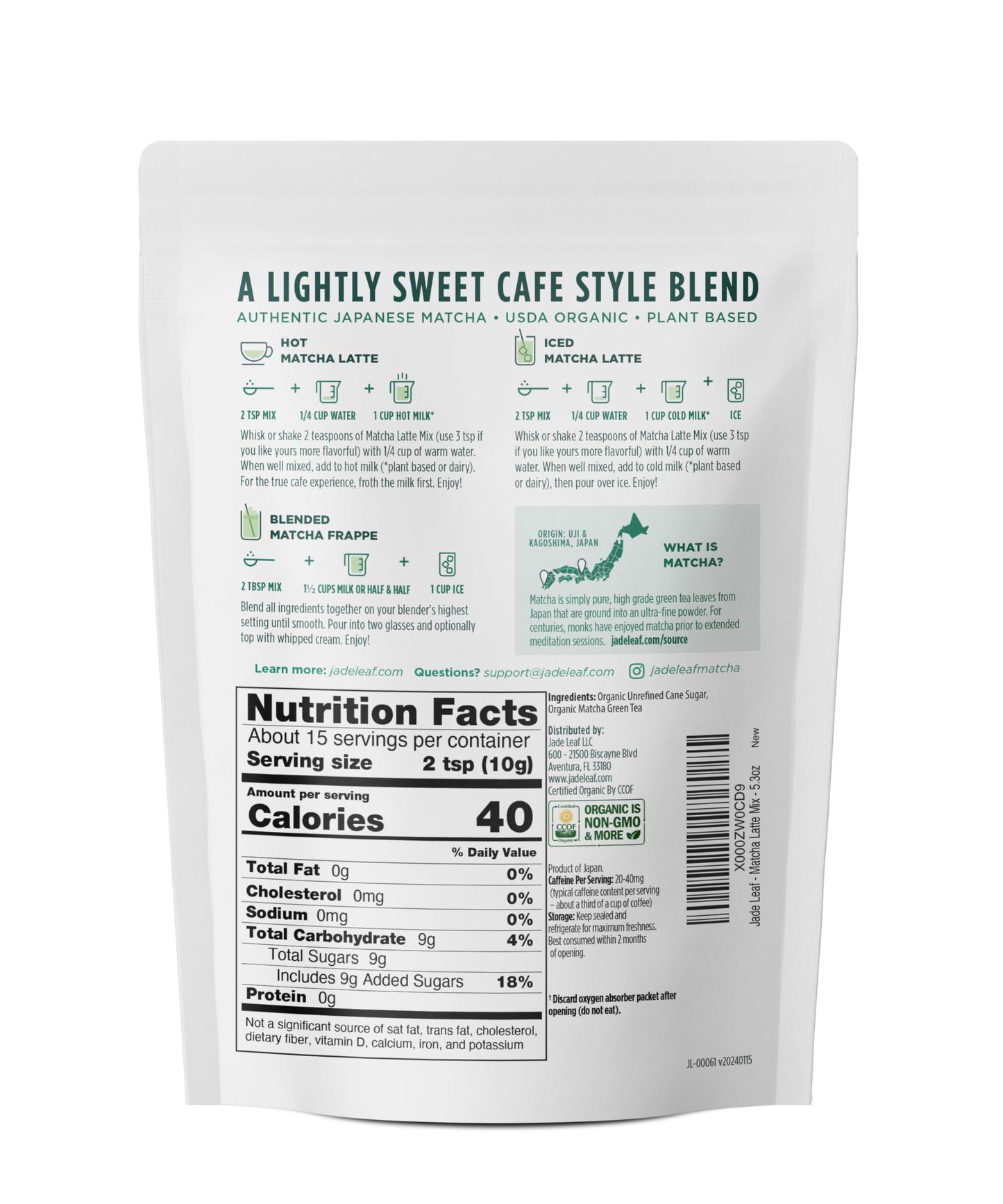 Jade Leaf Matcha Organic Sweetened Matcha Latte Mix - 5.3 Ounce Pouch - Powder