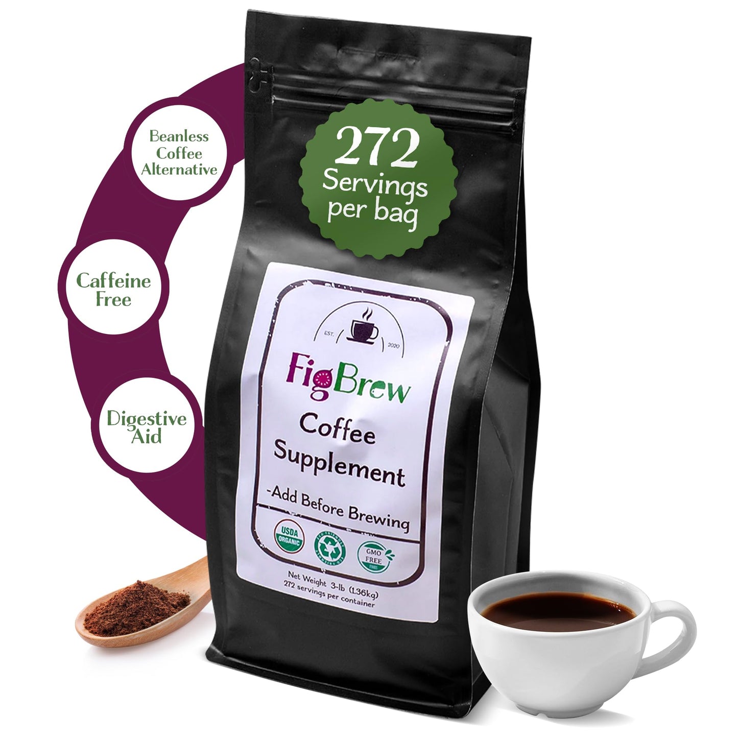 Figbrew - Beanless Coffee Dietary Support | Energy Blend-Free Coffee Alternative  Digestion-Friendly & Organic  Gluten-Free | Ideal For Morning Energy And Stomach Issues | 272 Servings  3Lb Bag