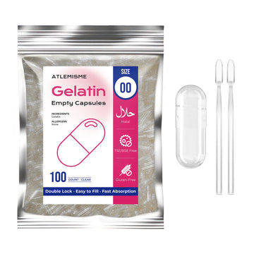 ATLEMISME Empty Gelatin Capsules Size 00 - 100 Count with 2 Micro Lab Spoons for DIY Capsule Filling