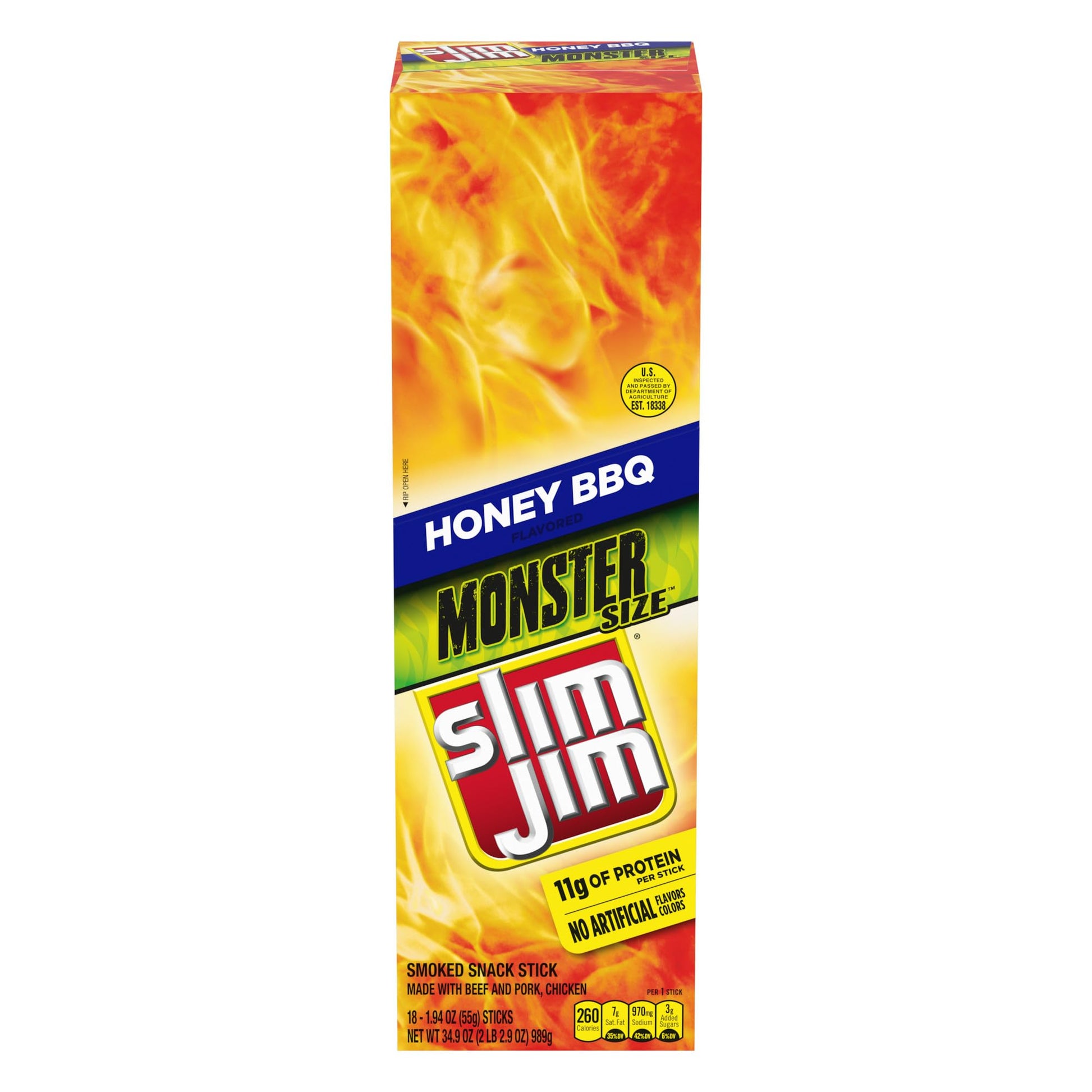 Slim Jim Smoked Meat Sticks, Honey BBQ Flavor, 11g Protein, 1.94 oz (Pack of 18)