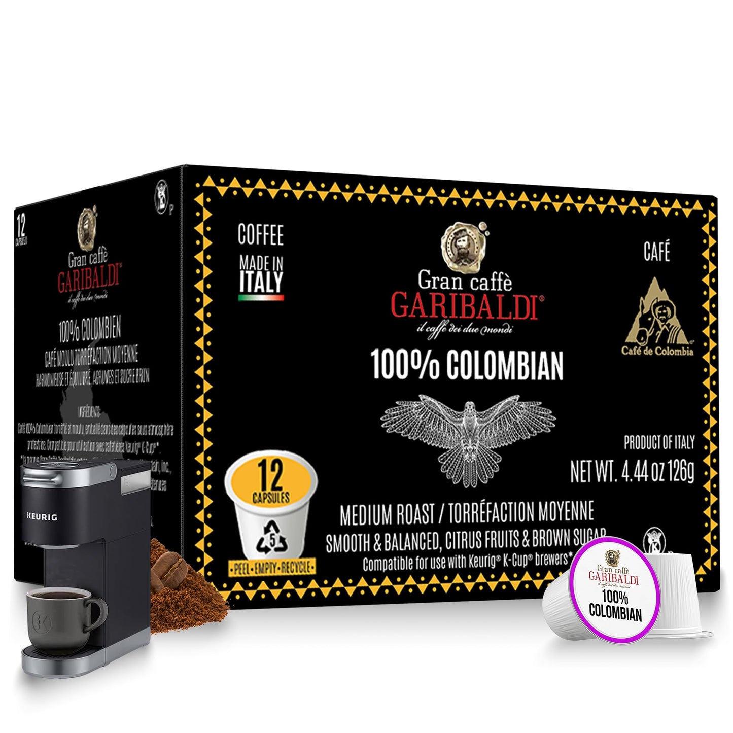 Caffè Garibaldi Colombian Coffee Pods, For Keurig K-Cup Malt-Inspired, Single Serve Cups With 100% Arabica Blend For Coffee Makers, 12 Count Recyclable Pods - Medium Roast