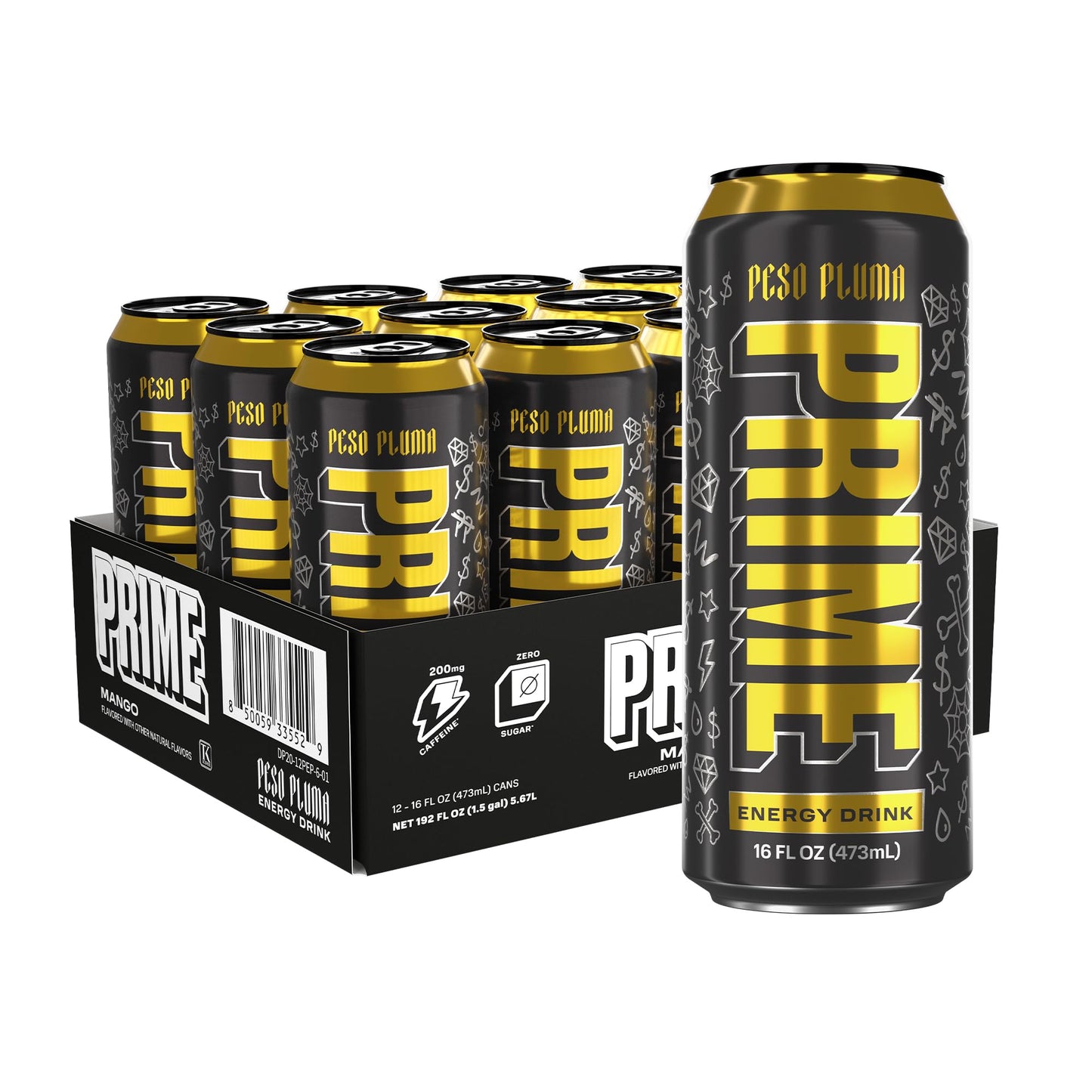 PRIME Energy PESO PLUMA  Zero Sugar Energy Drink  200mg Caffeine and 355mg of Electrolytes for Hydration  Vegan  Gluten Free 16 Fluid Ounce  12 Pack