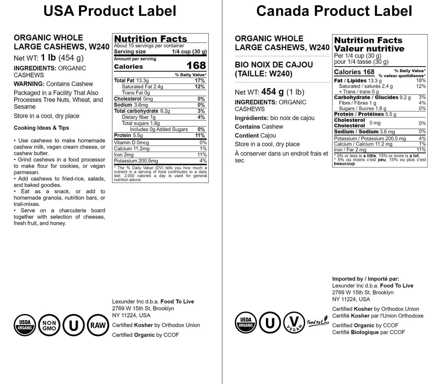 Food to Live Organic Cashews, 1 Pound - Whole, Size W-240, Unsalted, Non-GMO, Kosher, Raw, Vegan, Bulk