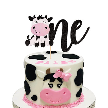 1 Pcs Cow One Cake Topper Glitter Farm Animals First Birthday Cake Pick Decorations For Baby Shower Kids Boys Girls 1St Birthday