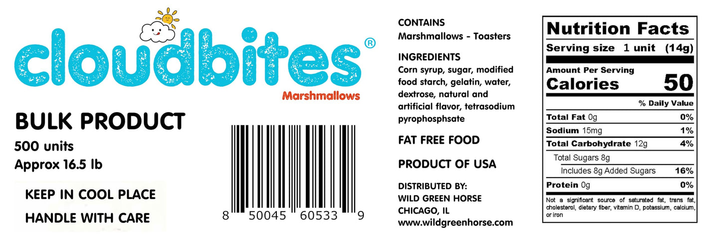 Cloudbites | Toasters | Individually Wrapped Marshmallows | Bulk Box | Great For S'Mores Or Snacks (Bulk Box X 500 Units)