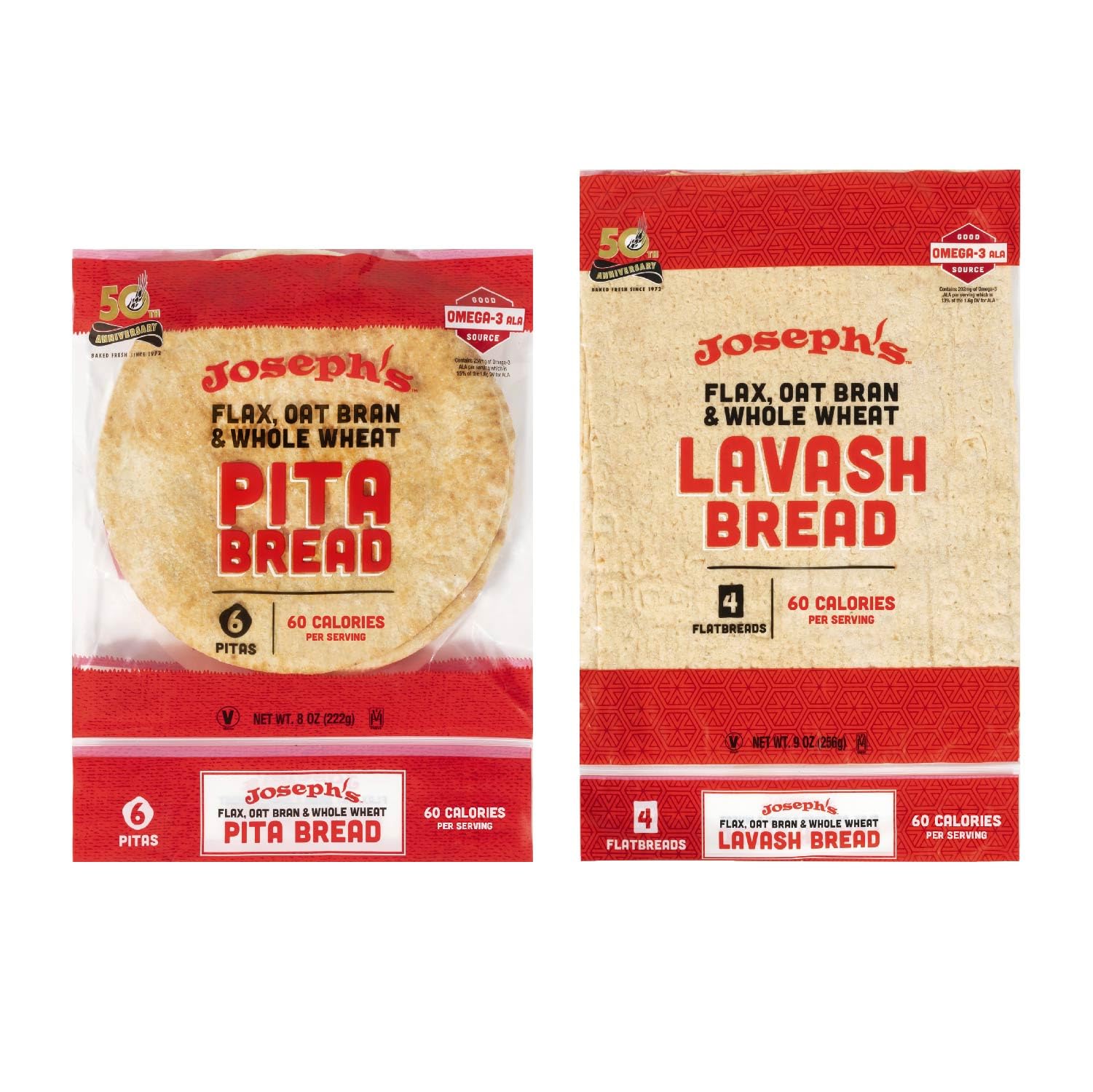 Joseph'S 2-Pack Value Variety Bundle, Flax Oat Bran Whole Wheat Lavash Bread (4 Lavash Squares Total) And Pita Bread (6 Pita Loa