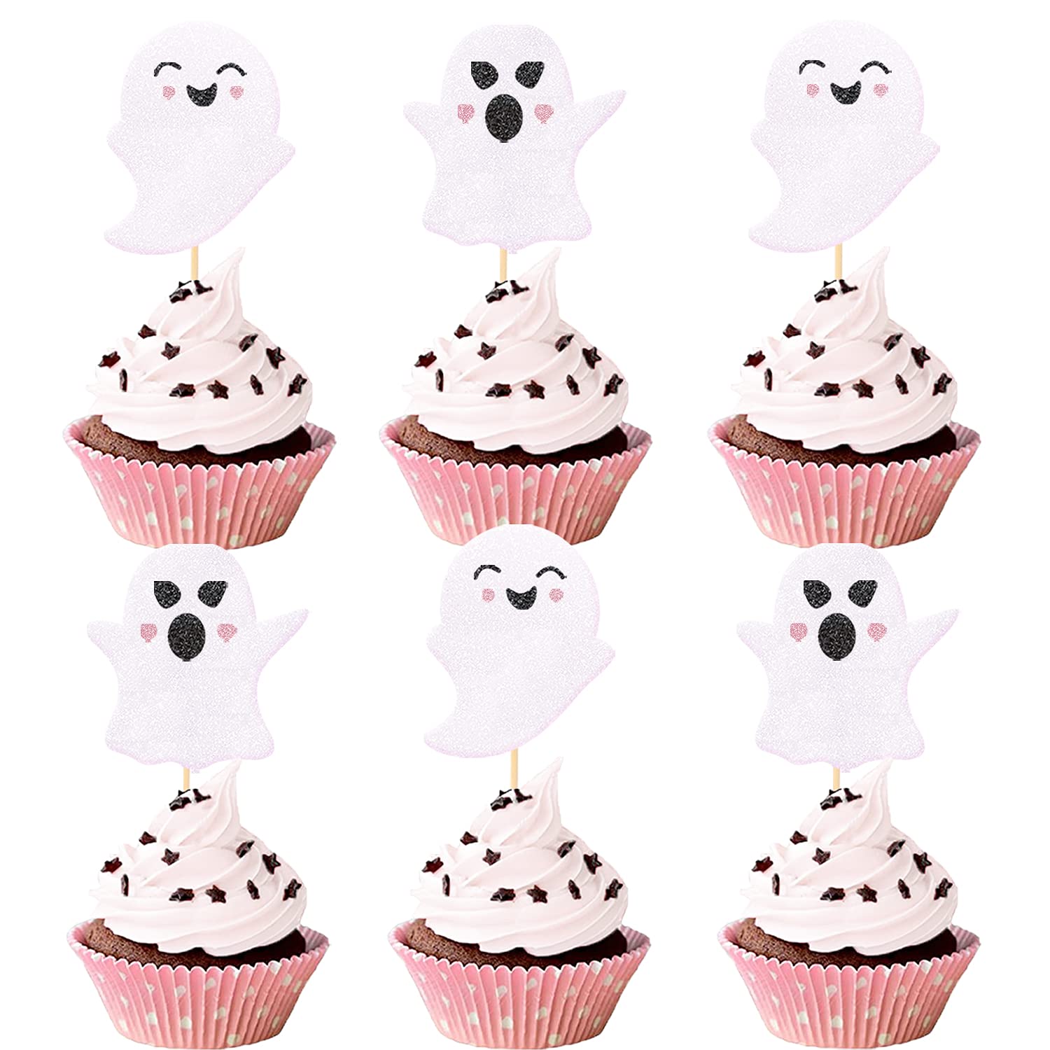 24Pcs Glitter Ghost Cupcake Toppers,Pink Halloween Baby Shower Decor,Halloween Ghosts Decoration,Gender Reveal Cupcake Toppers,G