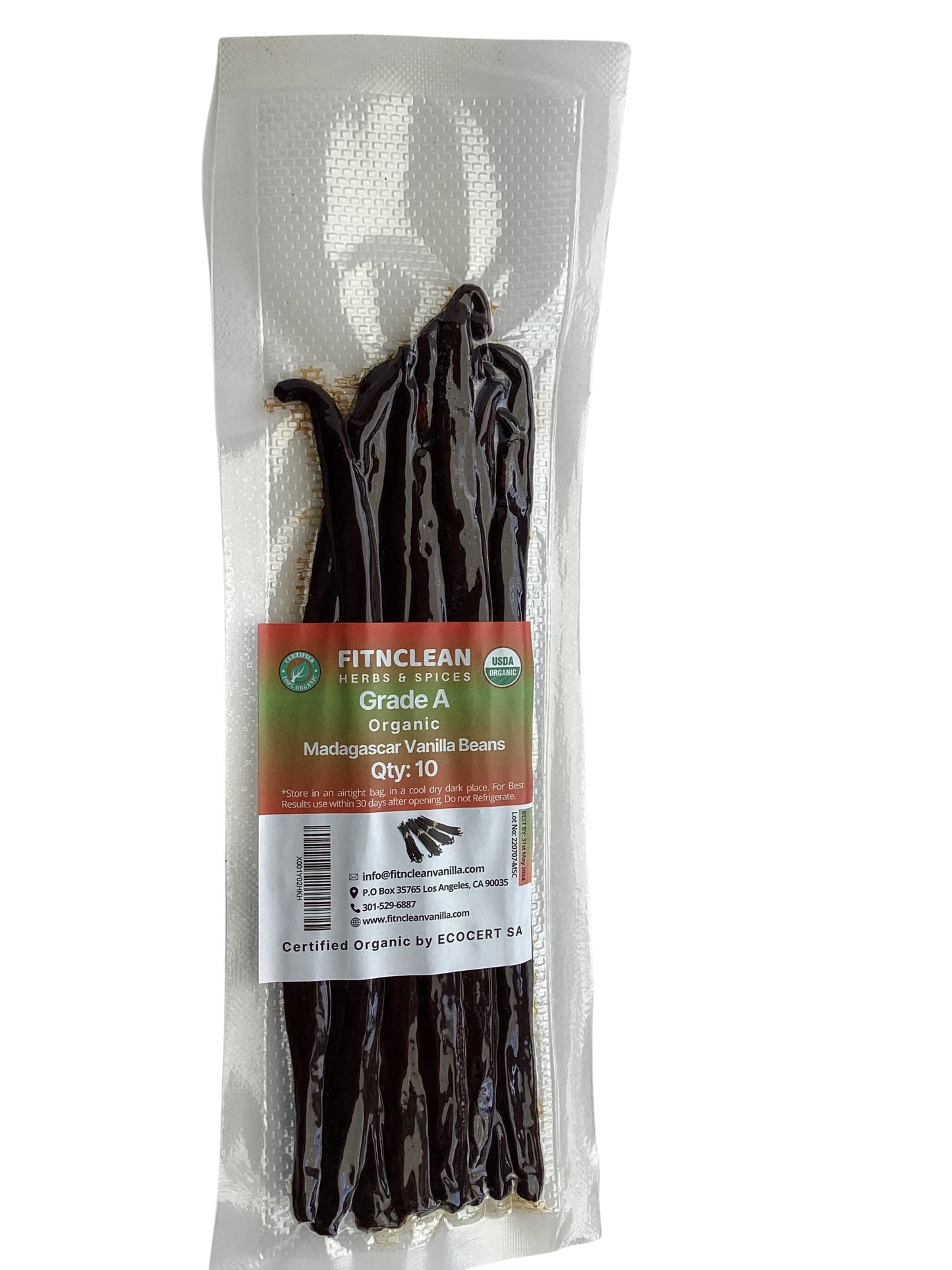 FITNCLEAN Vanilla Beans - Organic Grade A Madagascar, 10 Count, 6-7.5, Non-GMO Whole Gourmet Pods for Extract, Paste, and Baking