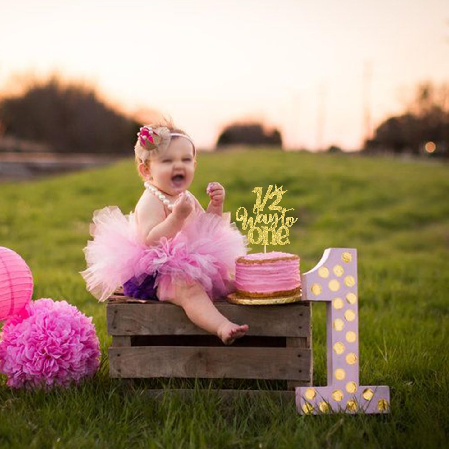 1 Pcs Half Way To One Cake Topper Glitter Happy 6 Months Birthday Cake Pick 1/2 Half Birthday Cake Decoration For Baby Half Year