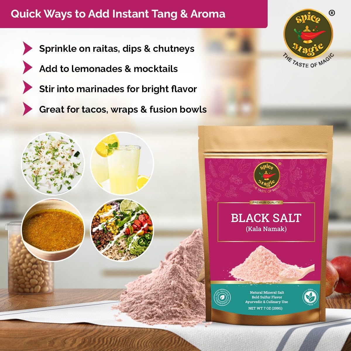 Spice Magic Black Salt (Kala Namak) - Authentic Indian Mineral Salt | Unique Tangy Flavor for Chaats, Curries & Vegan Recipes |