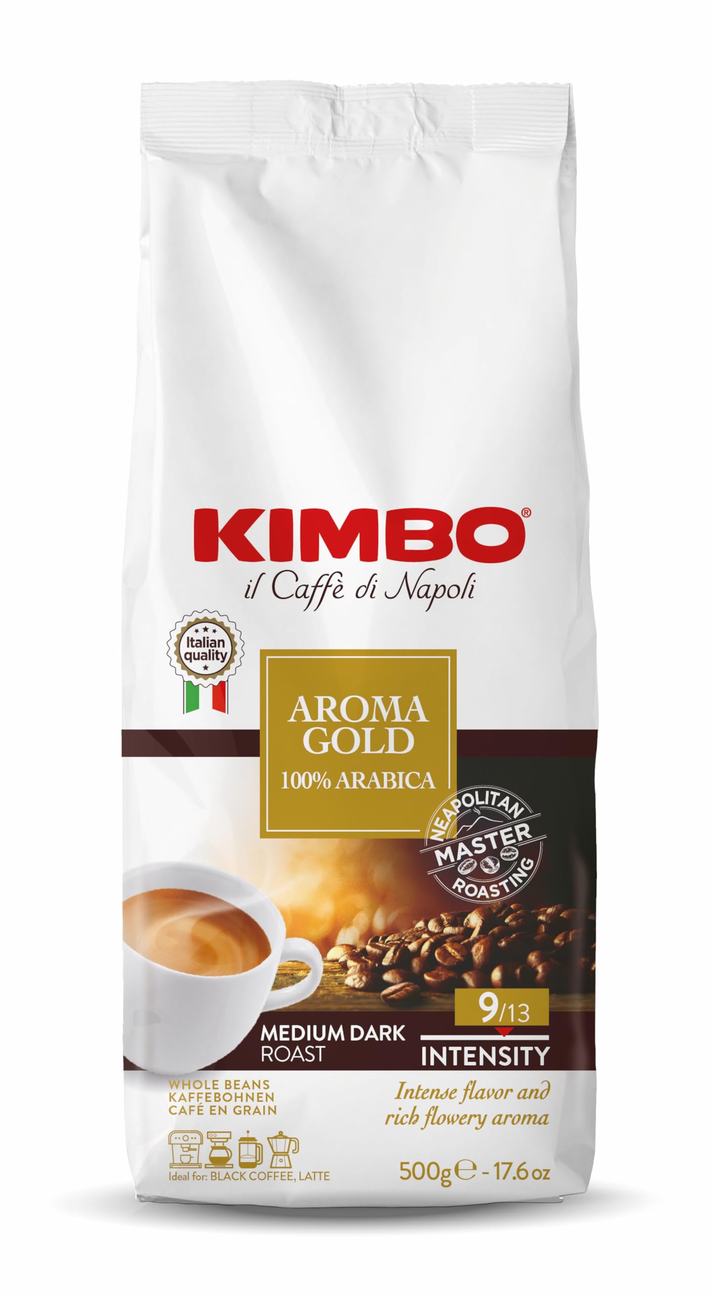 Kimbo Aroma Gold 100% Arabica Whole Bean Coffee | Medium Dark Roast With Chocolate Flavor | 9/13 Intensity | Blended & Roasted In Italy | 17.6 Oz (500G) Bag