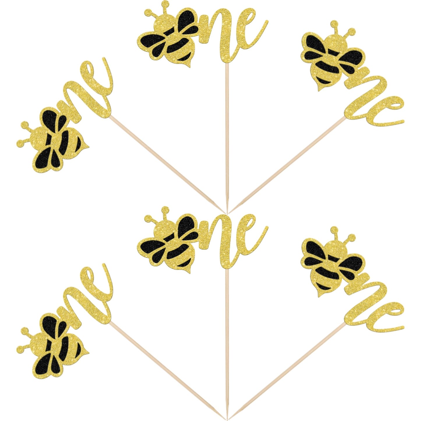 24 Pcs Bumble Bee One Cupcake Toppers Glitter 1St Birthday Party Cupcake Picks Decorations For Bee Theme Baby Shower Kids First
