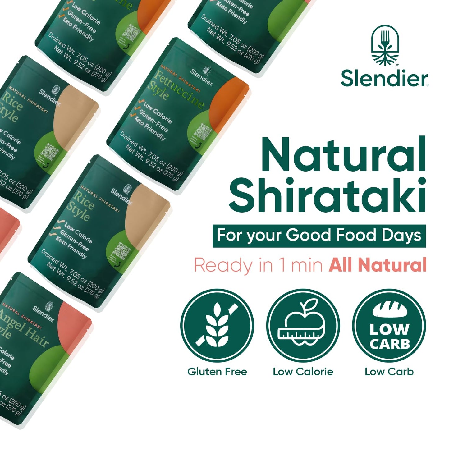 Slendier - Shirataki Variety Pack Of 6 | Low Carb Pasta | Fettuccine Noodles | Shirataki Rice | No Artificial Flavors |10 Calori