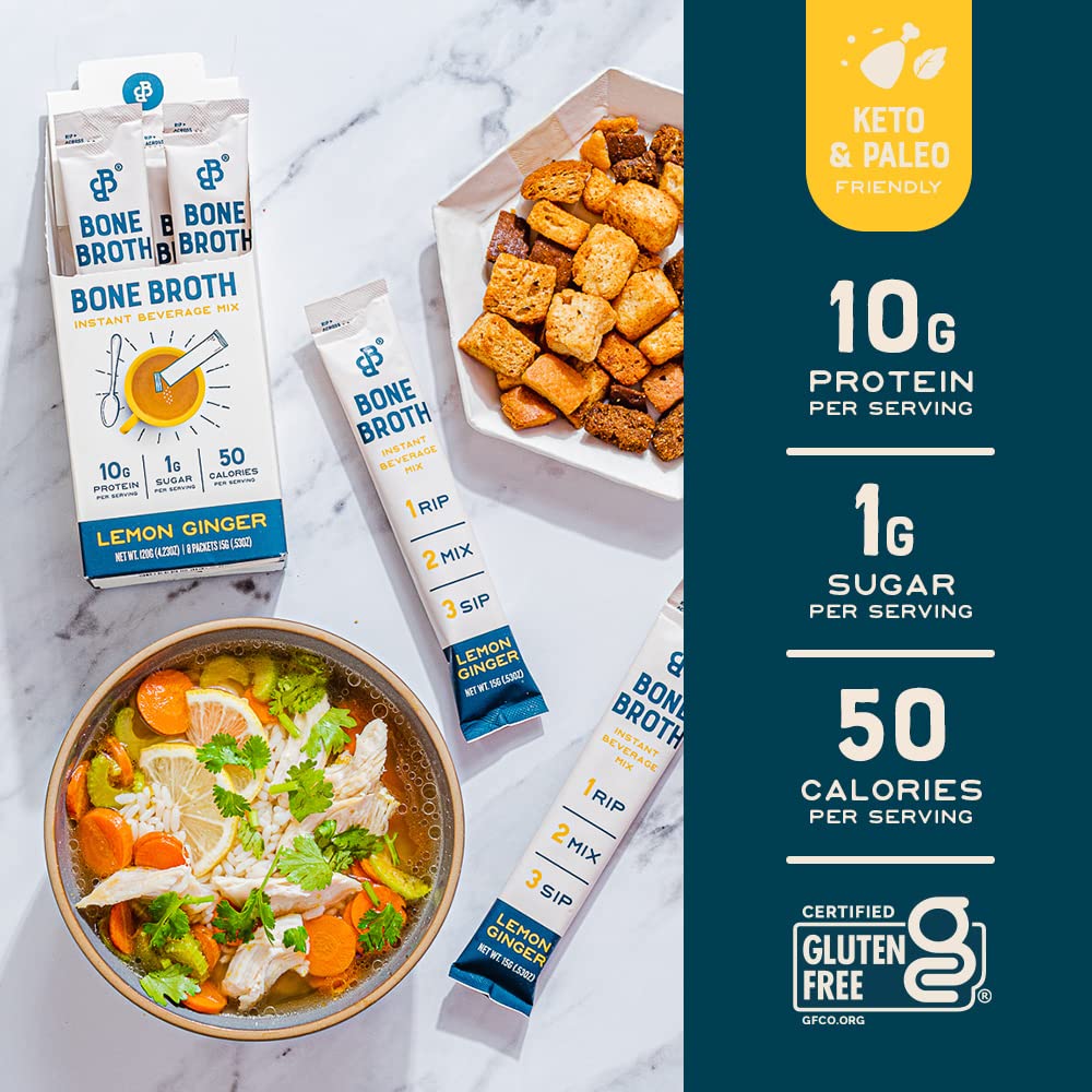 Bare Bones Bone Broth Instant Powdered Mix, Lemon Ginger, Pack of 8, 15g Sticks, Keto & Paleo Friendly