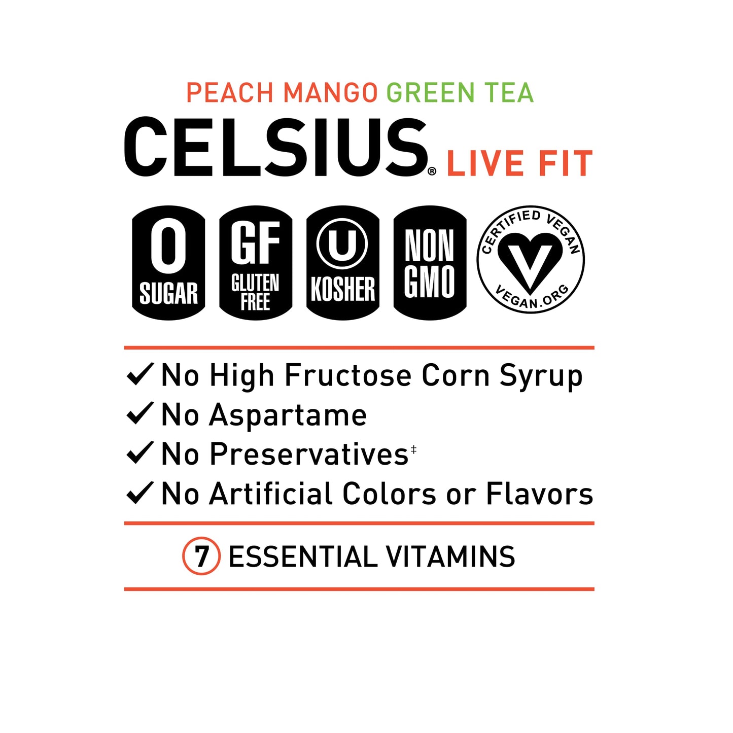 CELSIUS Fizz Free Peach Mango Green Tea  Sugar Free Energy Drink  12 Fl Oz (Pack of 4)