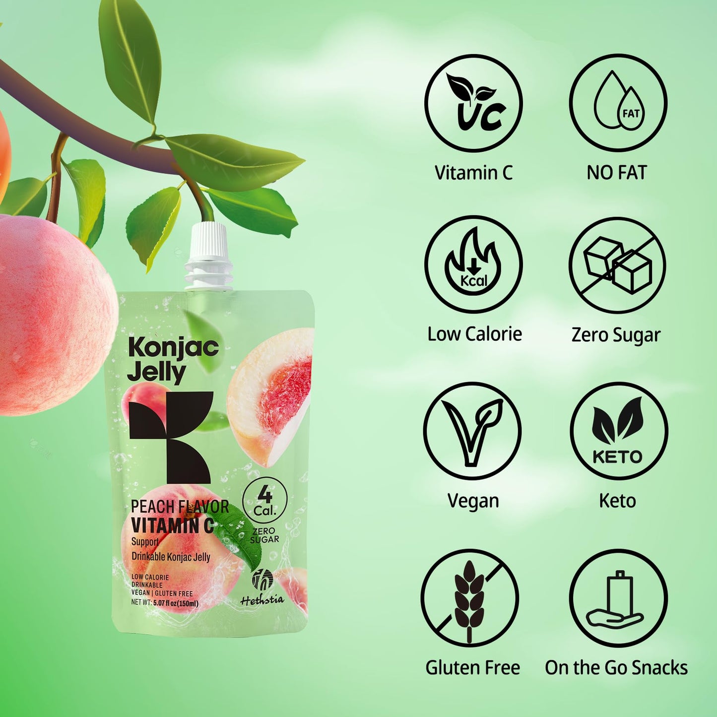 Hethstia Konjac Jelly Peach Flavor, Drinkable Peach Jelly Squeeze Pouches, 0 Sugar, 4 Calories, Keto, Vegan, Gluten-Free, Vitami
