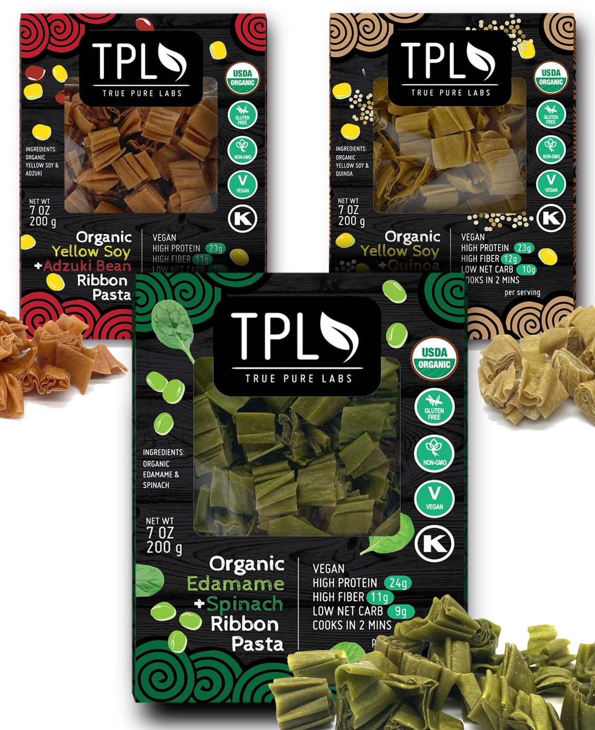 TPL 3 Pack Organic Bean Ribbon Cut Artisan Pasta Combo Sampler Pack Edamame Soy with Spinach Adzuki Quinoa - Keto Low Carb Prote