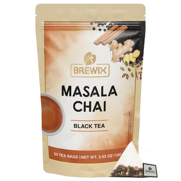 Brewix, Masala Chai Tea Bags (50 Pyramid Tea Bags) Strong, Robust & Spicy - Pure Ingredients | Black Tea, Cinnamon, Ginger, Blac