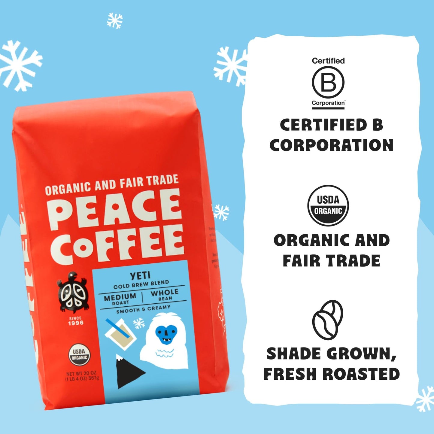 Peace Coffee Yeti Cold Brew Blend | 20 Oz Medium Roast Whole Bean | Organic Fair Trade | Smooth, Rich Flavor | Shade Grown, Fresh Roasted