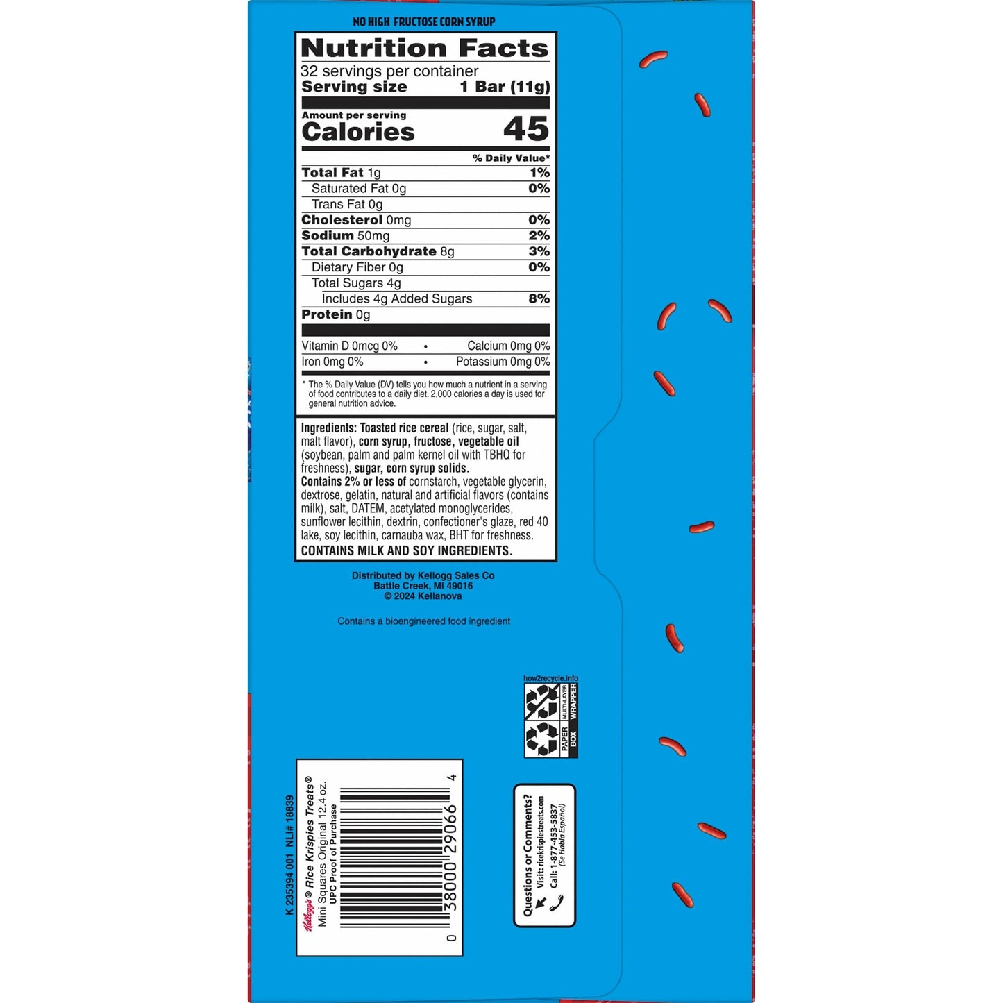 Rice Krispies Treats Mini Marshmallow Cereal Bars, Holiday Snacks, Snack Bars, Original with Holiday Sprinkles, 12.4oz Box (32 B