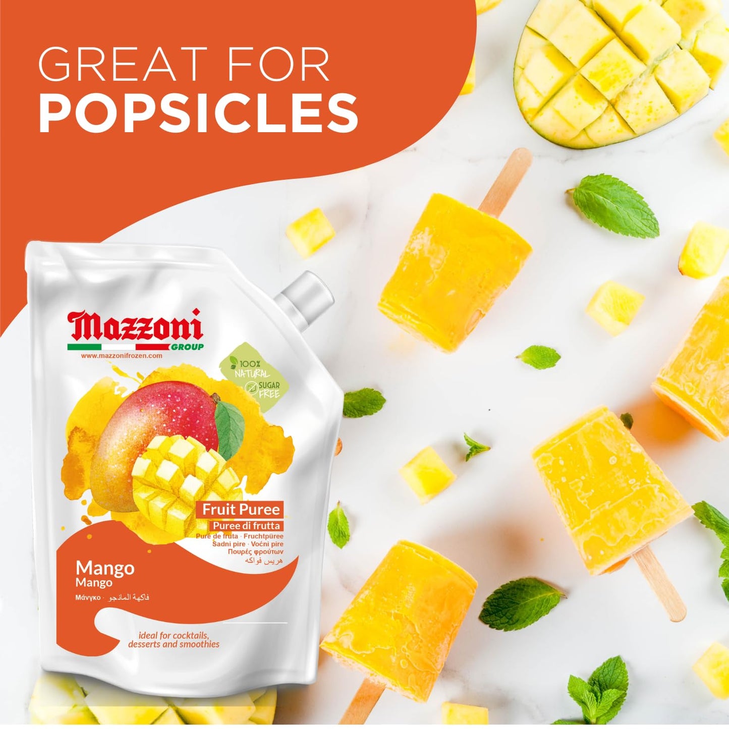 Mazzoni Mango Puree, 100% Pure Mango, Just Fruit, No Sugar Added, 2.2 Lbs (35.2 Oz) Real Fruit For Smoothies, Drinks, Cocktails,