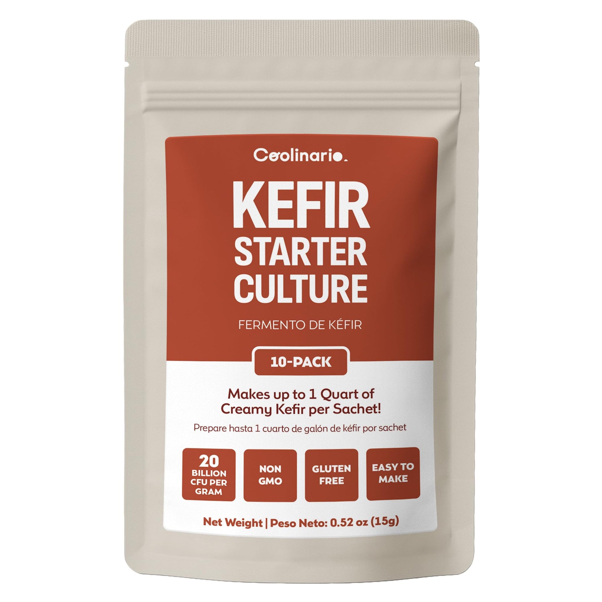 Coolinario Kefir Starter Culture (10-Pack, 1G Sachets) Live Probiotic Cultures For Homemade Kefir | Smooth, Creamy & Tangy | Non-Gmo, No Preservatives, Gluten Free, Halal, Kosher