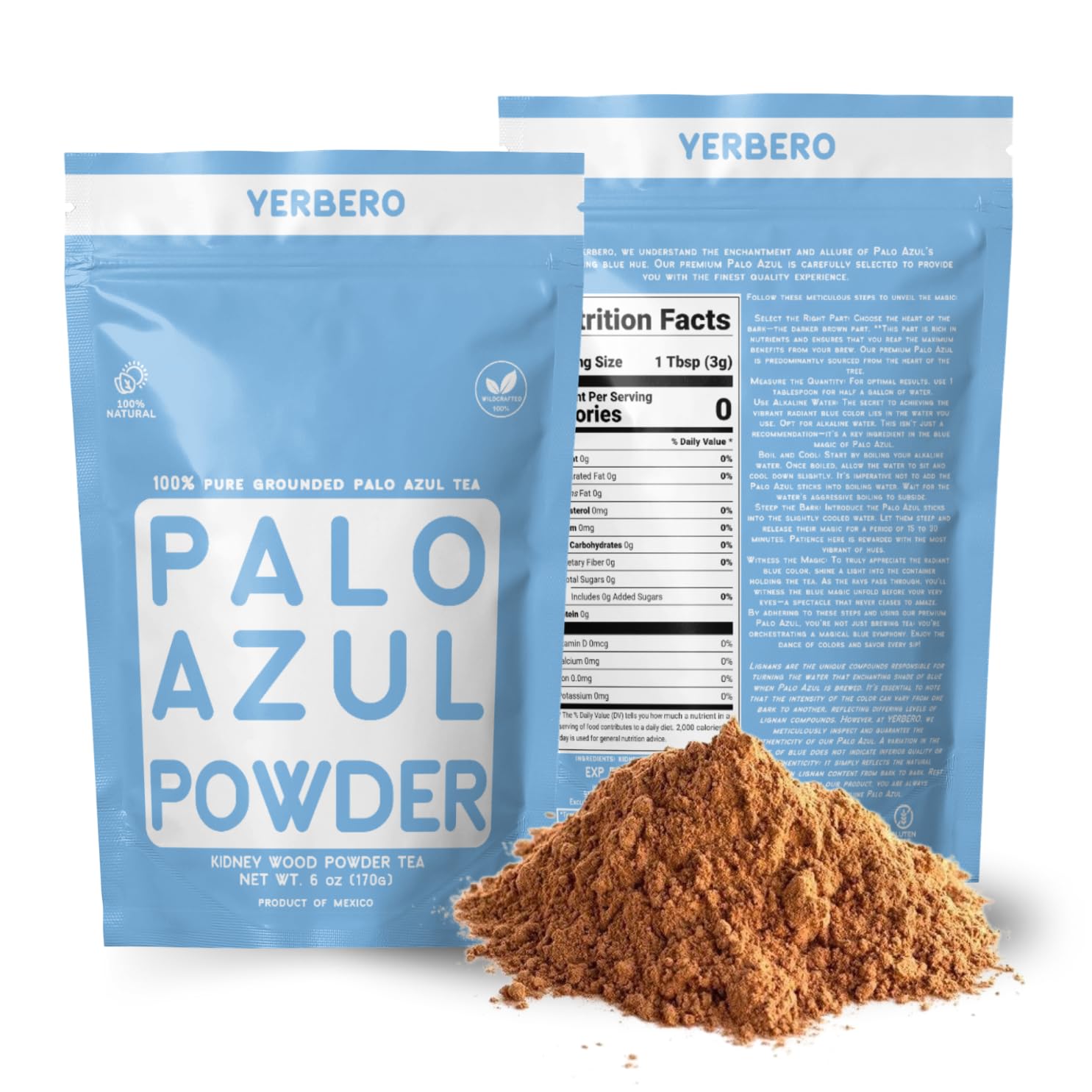 YERBERO Palo Azul Herbal Tea Powder - Premium Quality, Non-GMO, 6oz (170g) Resealable Bag, Makes 60+ Cups, Blue
