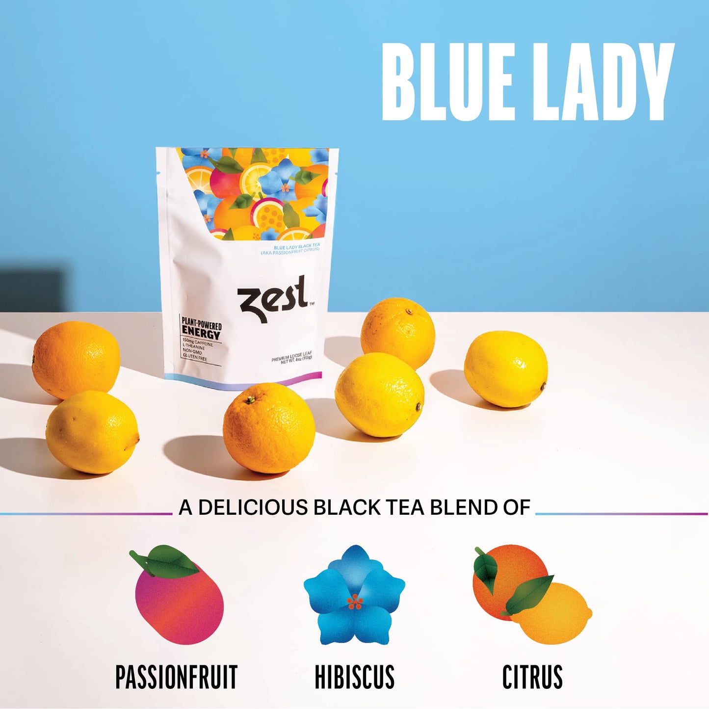 ZEST TEA Blue Lady Black Tea Loose Leaf Blend, 150mg Caffeine, 4 Oz, All Natural Coffee Alternative
