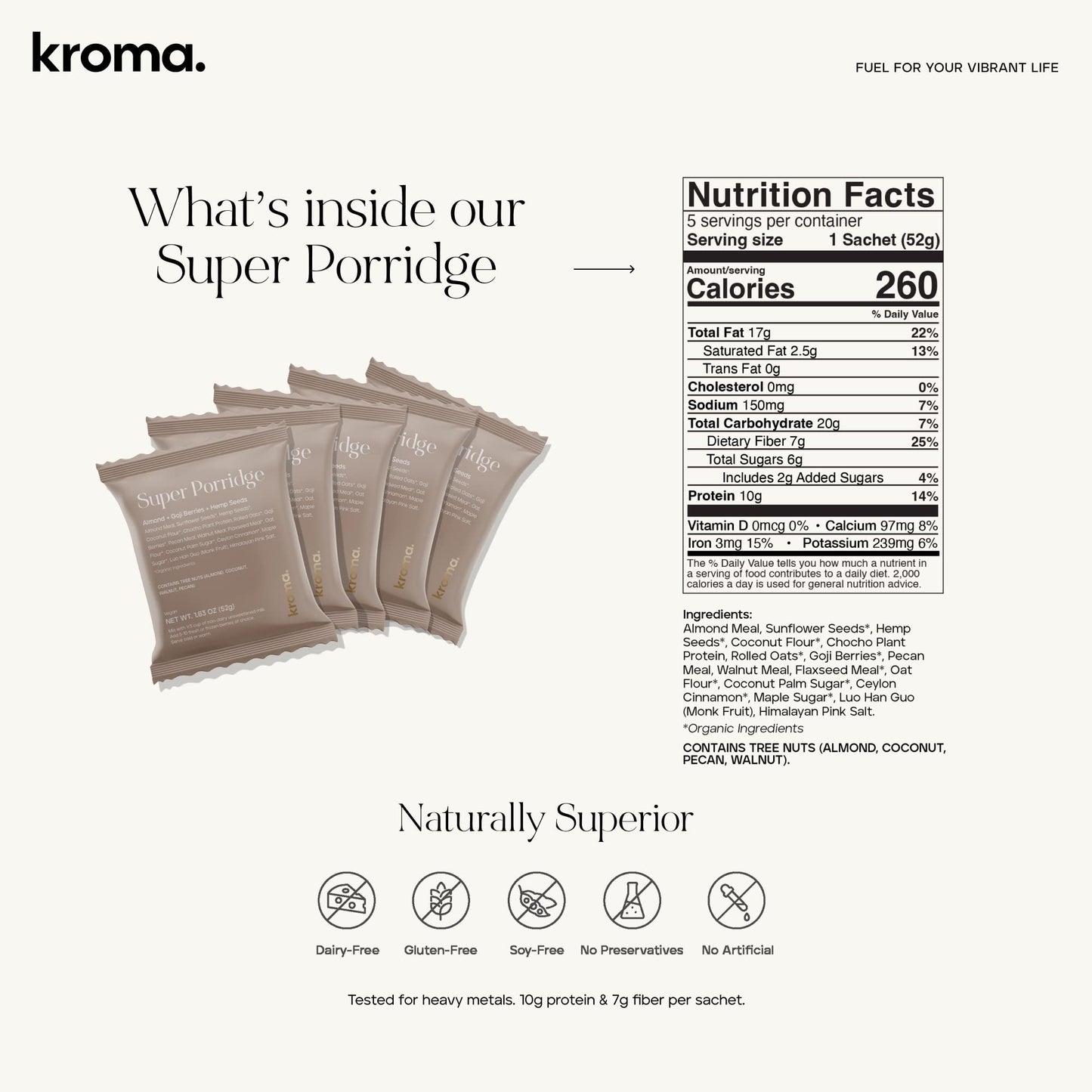 KROMA. Super Porridge, Gluten Free Vegan Breakfast Cereal, 5 Packets, 1.83 Ounce Each, with Organic Ingredients