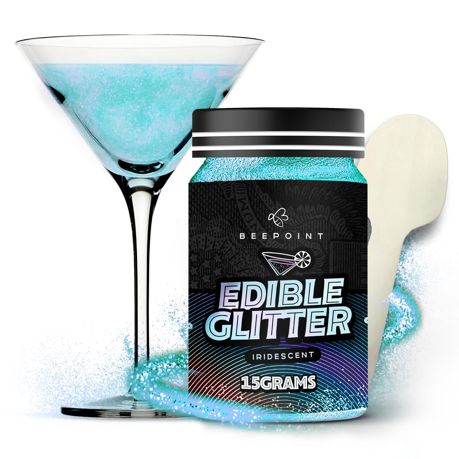 BeePoint Edible Glitter for Drinks, 15g Iridescent Food Grade Shimmer Powder for Cocktails, Baking, and Decorating