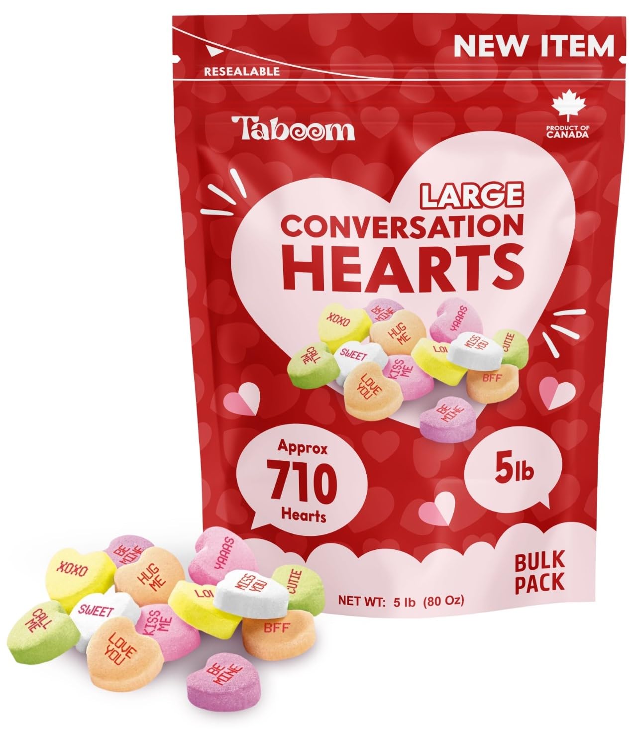 Taboom Valentines Day Bulk Conversation Hearts Candy - 5 lb Resealable Bag, Crunchy Treats for Kids Classrooms & Candy Buffets