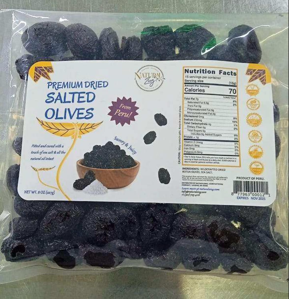 NaturalZing Pitted Peruvian Black Botija Olives, Sea-Salt Cured, Low Temperature Dried, 8 oz - Hand Selected for Quality