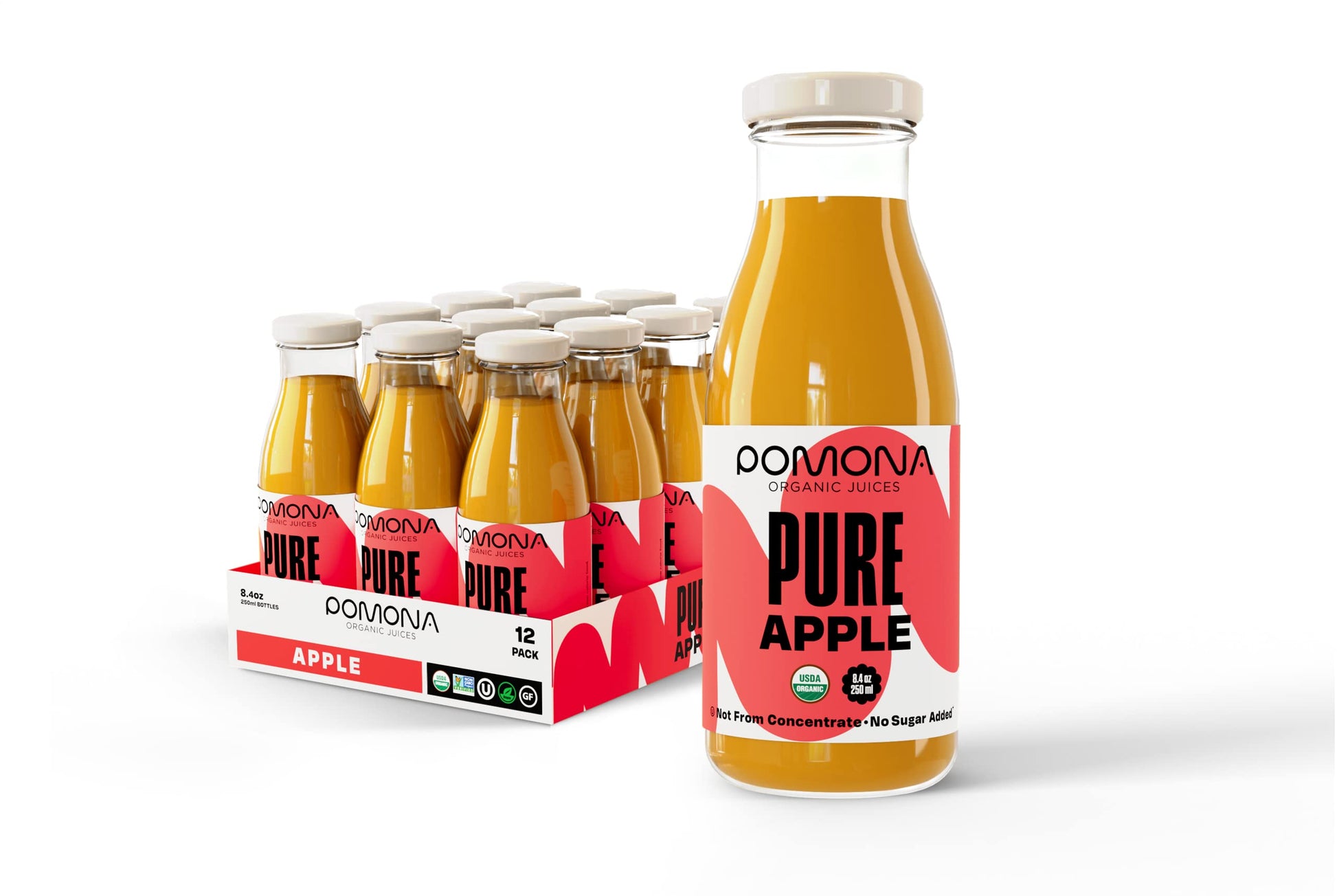 Pomona Organic Apple Juice (Pack Of 12), Cold Pressed Usda Organic Juices, Apples And Lemon Juice, No Added Sugar, Not From Concentrate, Vegan, Kosher, Non Gmo, Pasteurized, 8.4 Oz Glass Bottles