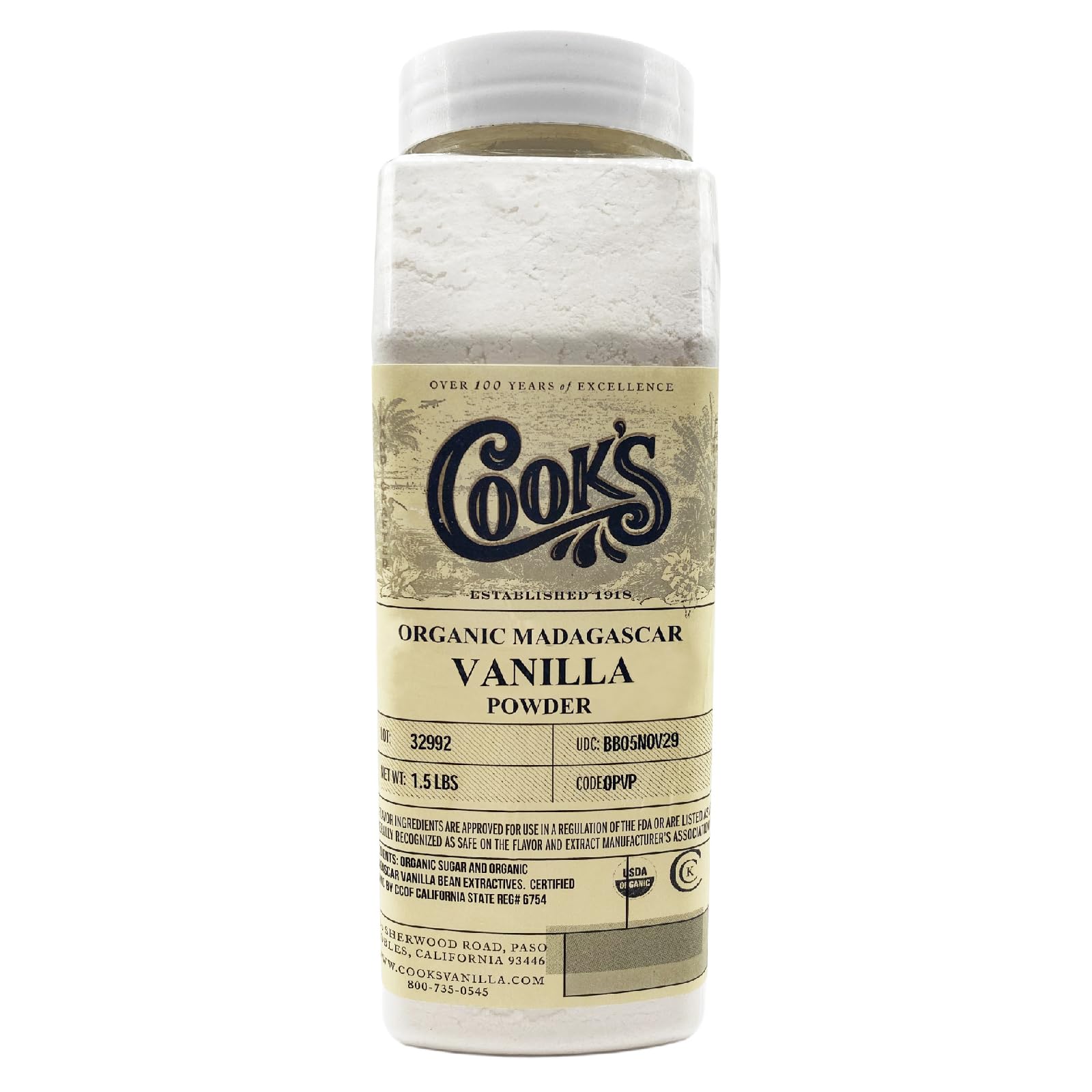 COOKS Organic Pure Vanilla Powder, 1.5 lb, Gourmet Fresh Premium Vanilla