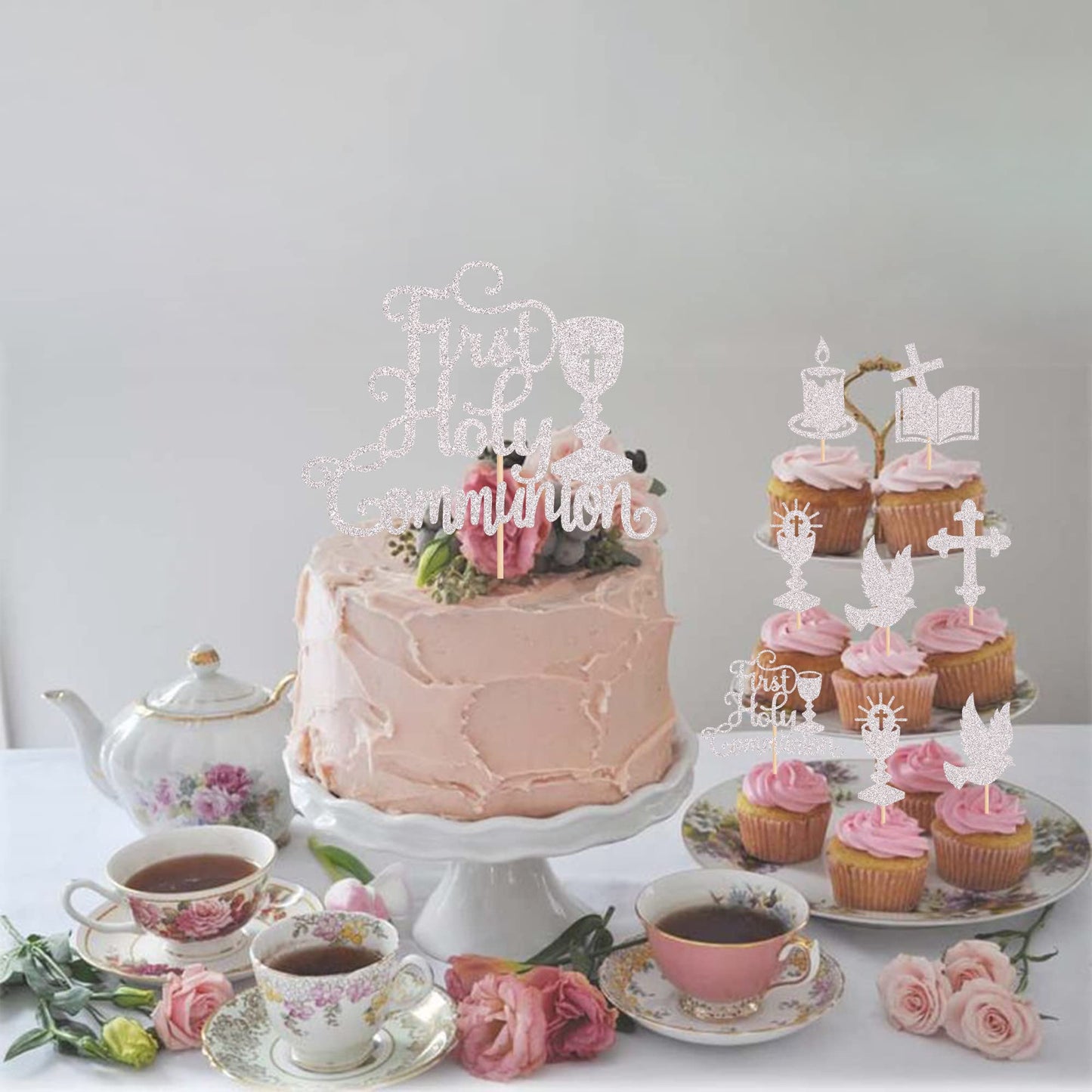 ZHUOWEISM Cupcake Toppers, 25 PCS Glitter First Communion Decorations, Silver, Bamboo, Small Size