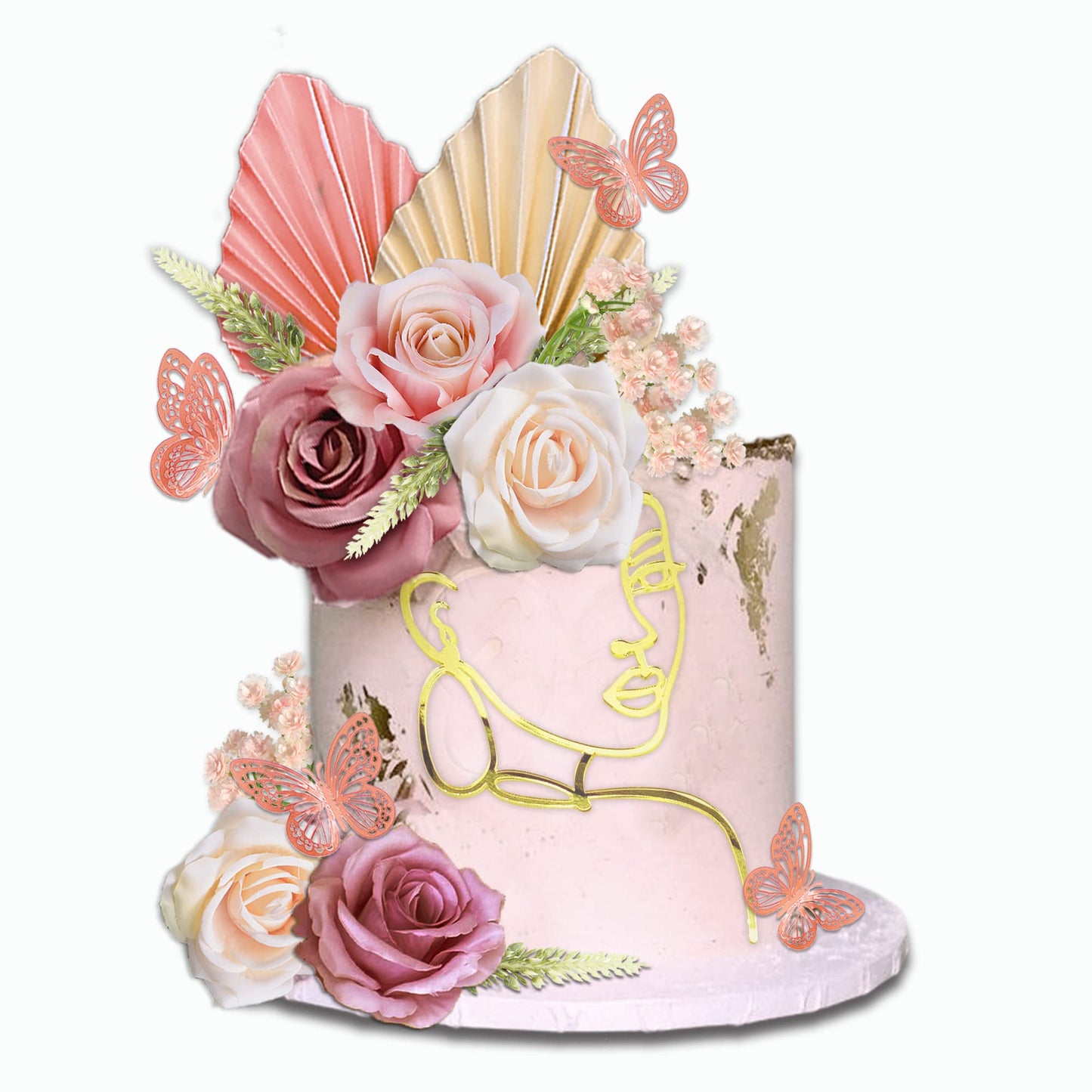 26Pcs Flower Boho Cake Toppers Butterfly Cake D  Cor Acrylic Minimalist Art Lady Face Cake Toppers With Palm Leaves Artificial V