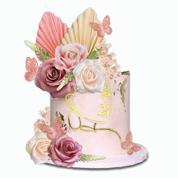 26Pcs Flower Boho Cake Toppers Butterfly Cake D  Cor Acrylic Minimalist Art Lady Face Cake Toppers With Palm Leaves Artificial V