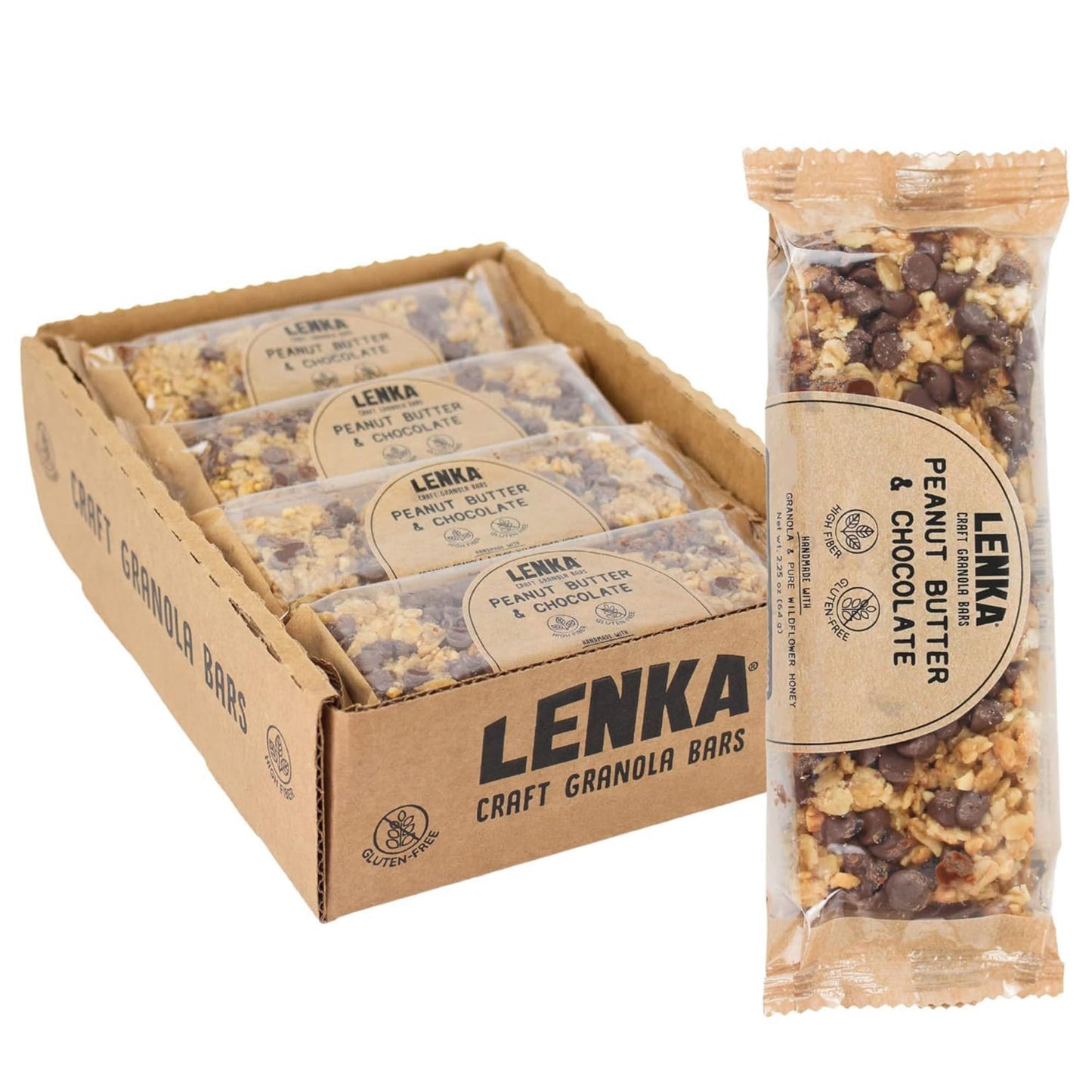 Lenka Handmade Craft Granola Bars - Peanut Butter & Chocolate Gluten Free High Fiber - Nutritious Snack Bar With Organic Granola