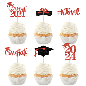 24Pcs Glitter Graduation Cupcake Toppers 2024 Red Cupcake Picks For Graduation Theme Decorations Class Of 2024