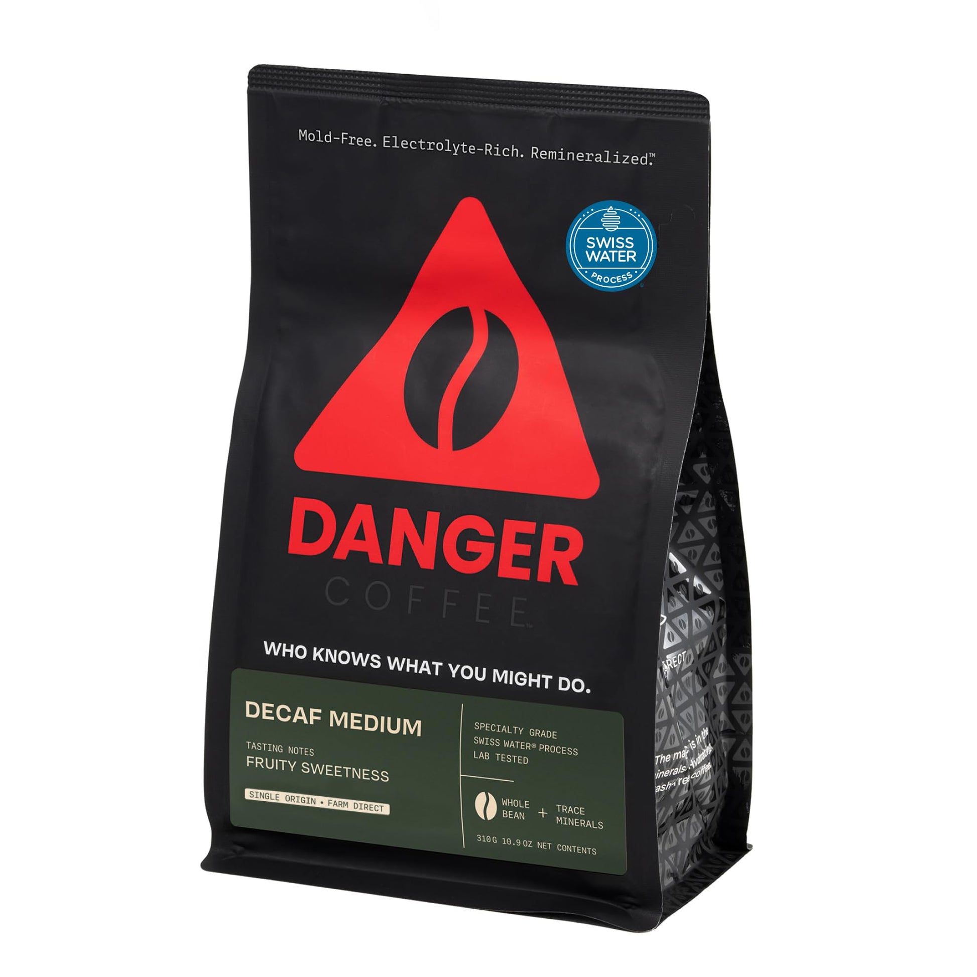 Danger Coffee by Dave Asprey  Remineralized  Mold Free & Lab Tested Swiss Water Decaf Whole Bean Coffee  Medium Roast  Decaffeinated 10.9 Ounce