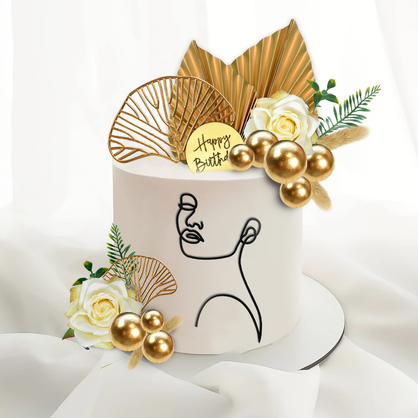 DRWATE 20 PCS Cake Toppers Set, Abstract Lady Face Lines & Ginkgo Leaves, Acrylic, Gold, Multicolor, Model GCMGL10023