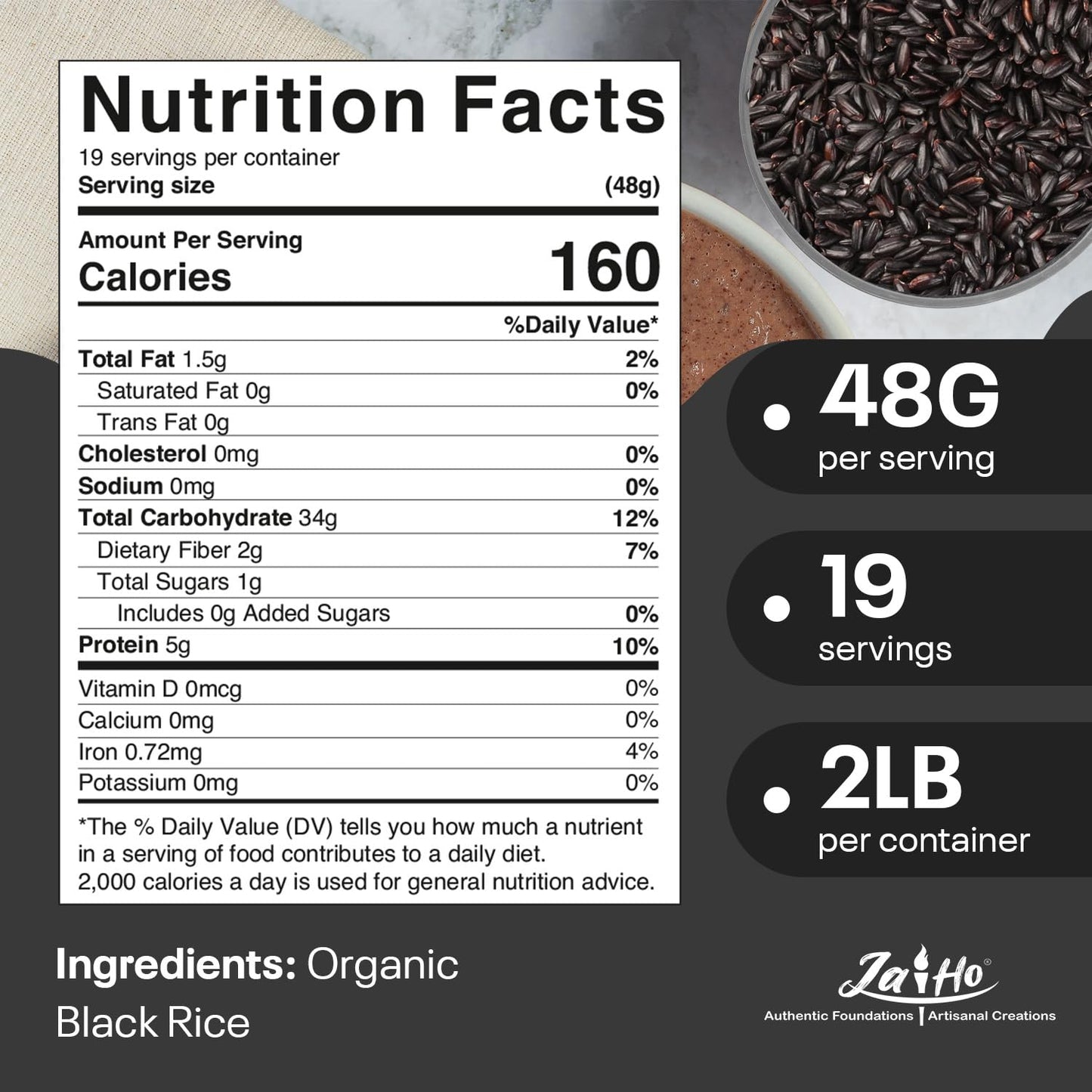 Jai Ho Certified USDA Organic Black Rice, Gluten Free, Vegan, Non-GMO, 2 LB Resealable Zip Lock Pouch