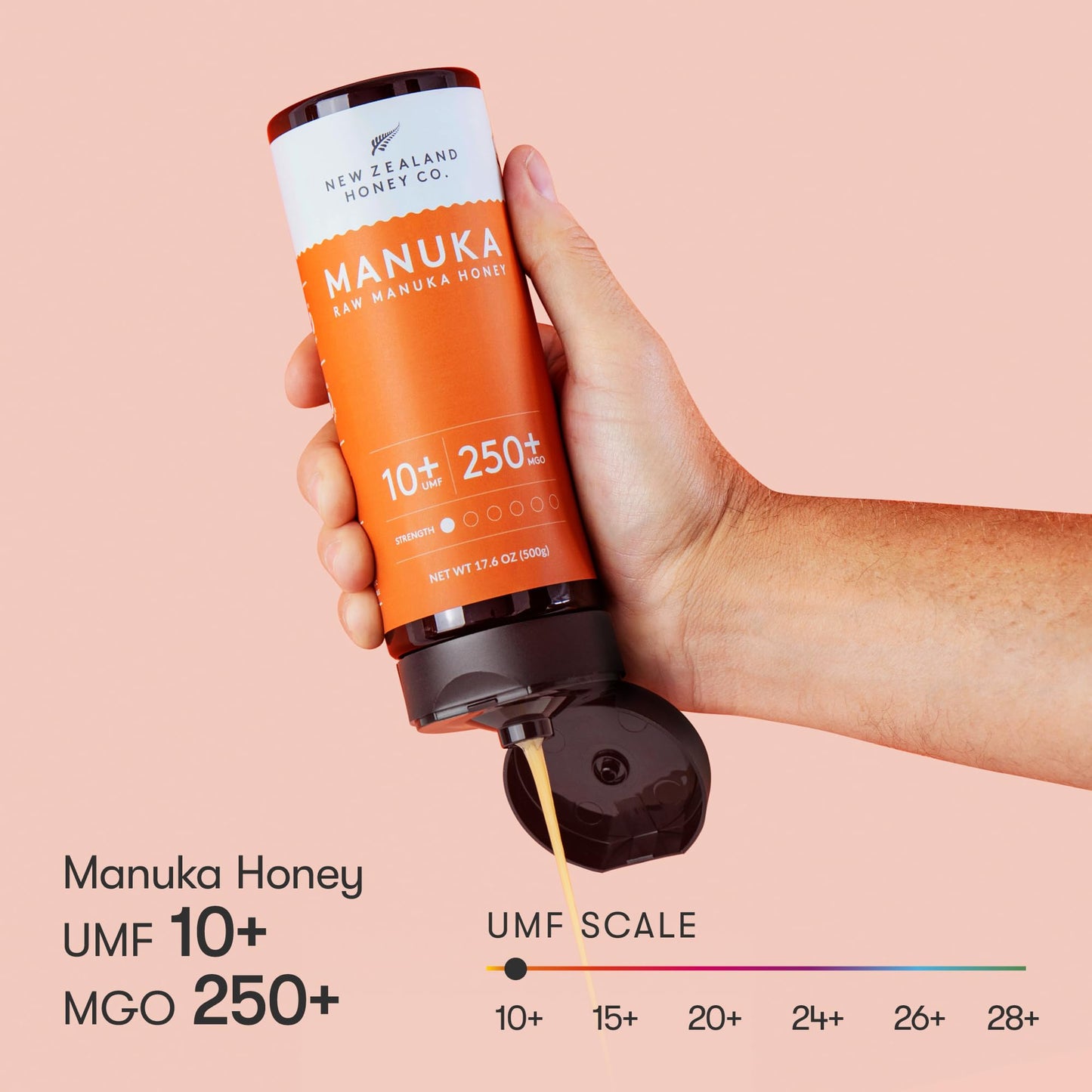 New Zealand Honey Co. Pure Manuka Honey Squeeze Bottle UMF 10+ / MGO 250+ | 17.6oz (500g) - Premium Raw Honey for Health Benefits