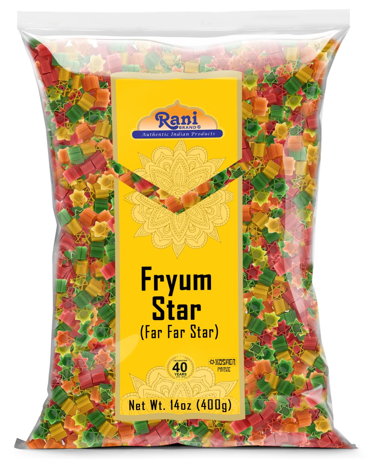 Rani Far Far Star Shape Fryums, Vegan & Kosher, 14oz (400g), Uncooked, Wheat & Tapioca Pellet Snack