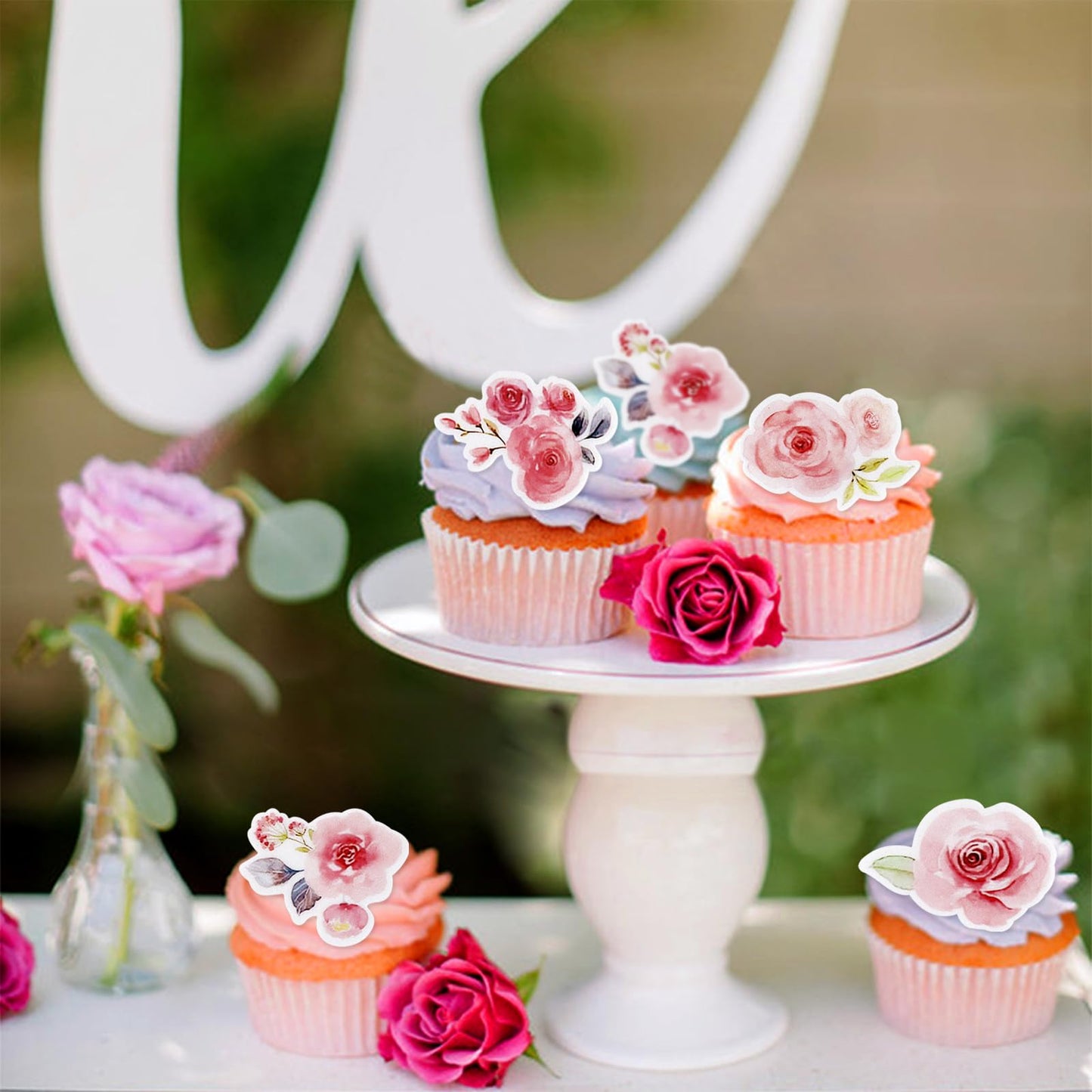 40 Pack Edible Flower Cupcake Toppers Edible Wafar Paper Spring Bridal Engagement Baby Shower Birthday Party Drink Toppers Anniv