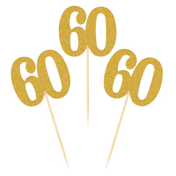 Donoter 50Pcs 60Th Cupcake Toppers Gold Glitter Number 60 Cake Picks For Birthday Anniversary Party Decoration