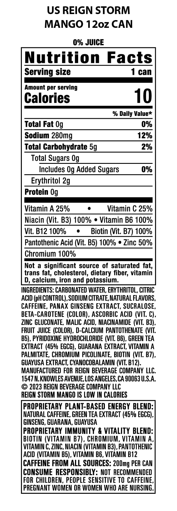 REIGN Storm Energy Drink, Mango Flavor, 12 Fl Oz, Pack of 12