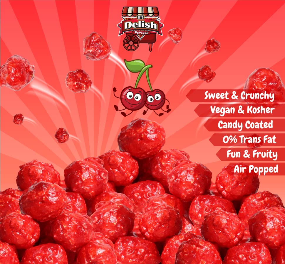 Gourmet Red Cherry Flavored Popcorn by Its Delish, 16 Oz Jumbo Container | Bulk Air Popped Pop Corn Snack - Fruity Red Themed C