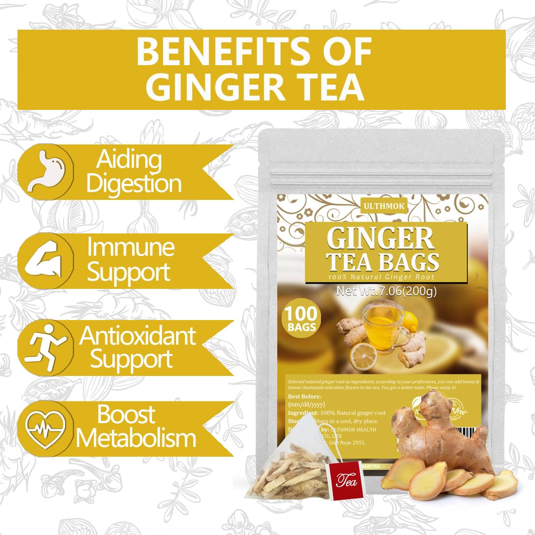 ULTHMOK Premium Ginger Tea Bags, 100 Count, Caffeine Free, 100% Ginger Root, Supports Digestion and Immunity