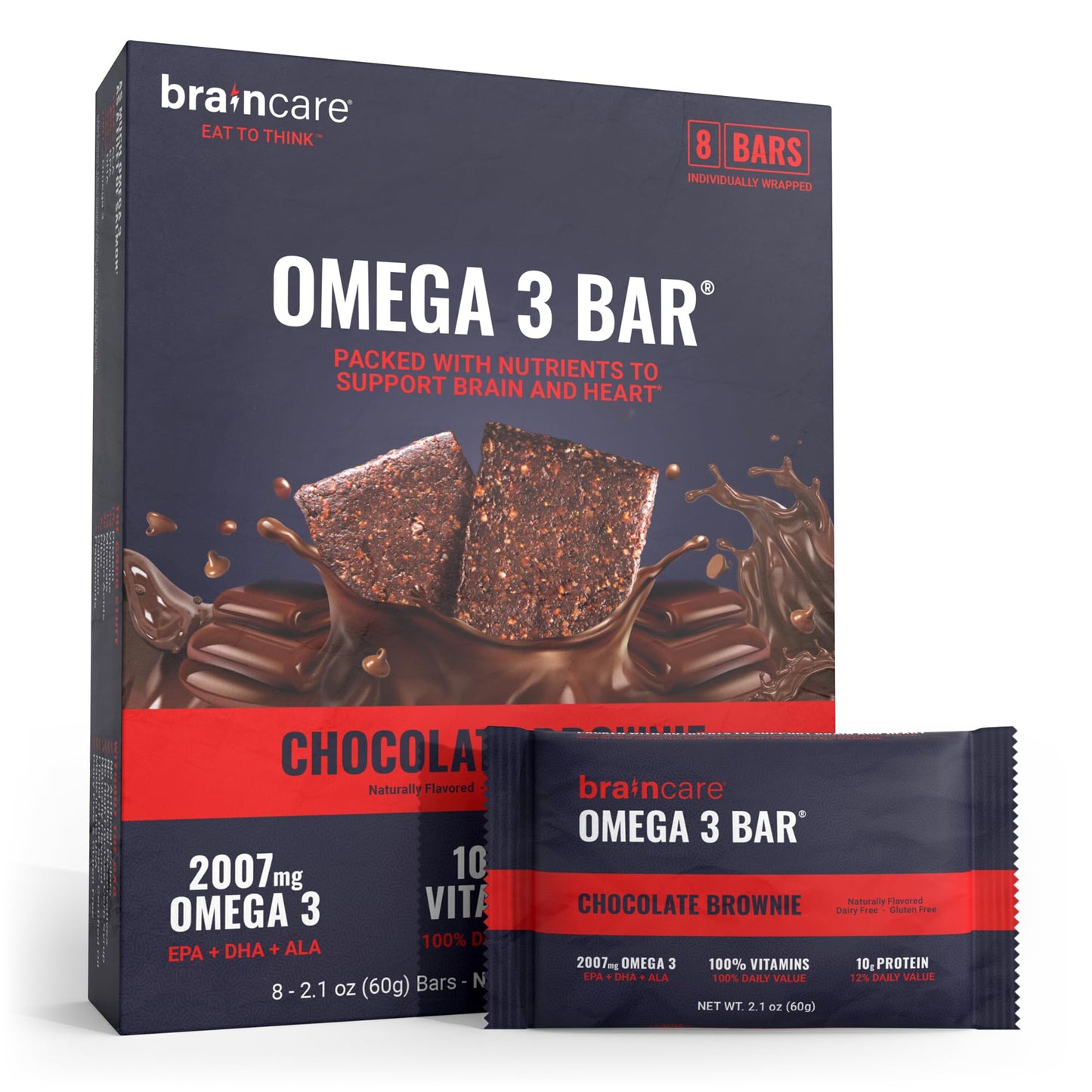 Braincare Omega 3 Fig Bars, Gluten-Free Protein Snacks, 2007mg Omega-3, 8 Count